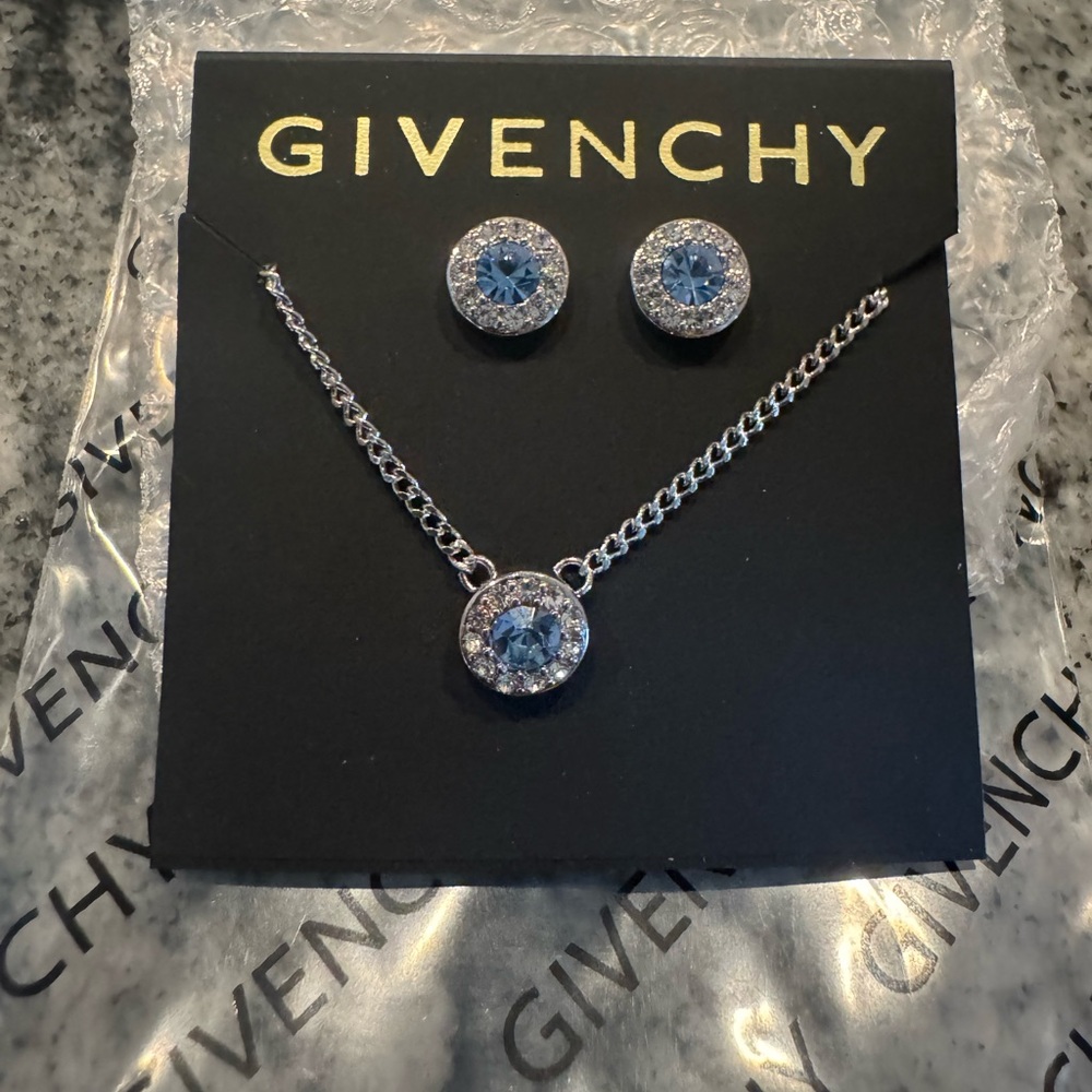 Givenchy NWT blue pave and crystal Silver and Necklace and earring Set